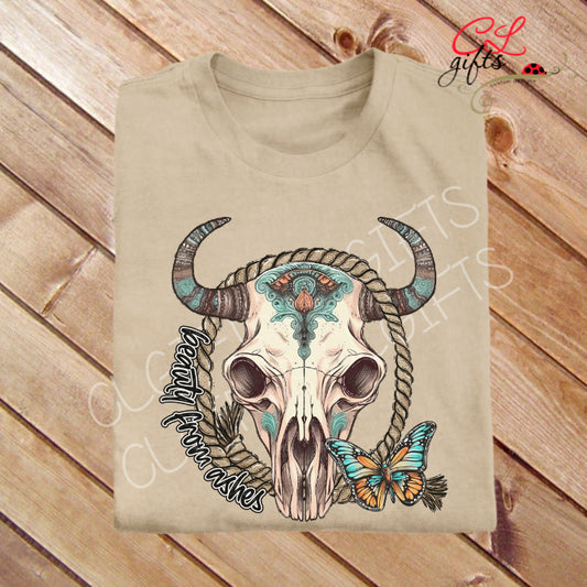 BEAUTY FROM ASHES COW SKULL BUTTERFLY T SHIRT