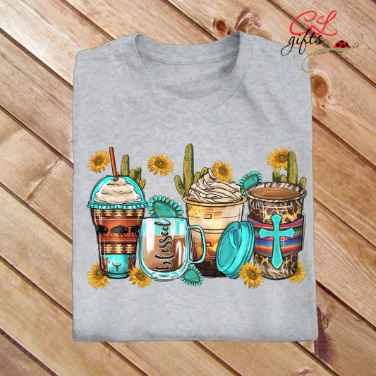 BLESSED COFFEE WESTERN CACTUS CHRISTIAN T SHIRT