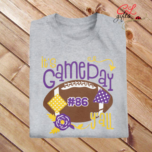 ITS GAMEDAY YALL PURPLE AND YELLOW PERSONALIZED FOOTBALL T SHIRT