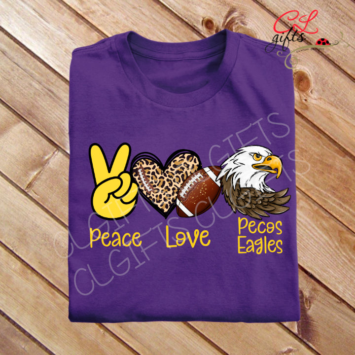 PEACE LOVE PECOS EAGLES FOOTBALL PURPLE T SHIRT