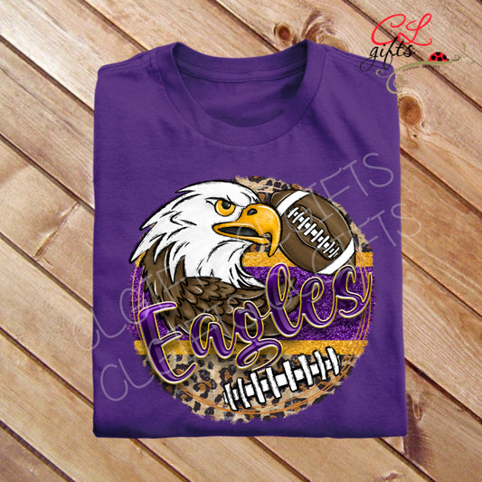 PECOS EAGLES CIRCLE LEOPARD PRINT EAGLE AND FOOTBALL GOLD OUTLINE PURPLE T SHIRT