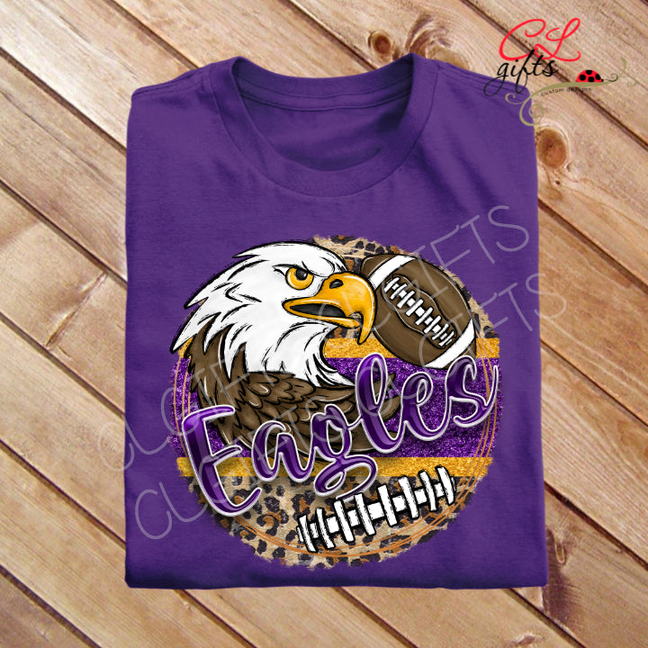 PECOS EAGLES CIRCLE LEOPARD PRINT EAGLE AND FOOTBALL PURPLE T SHIRT