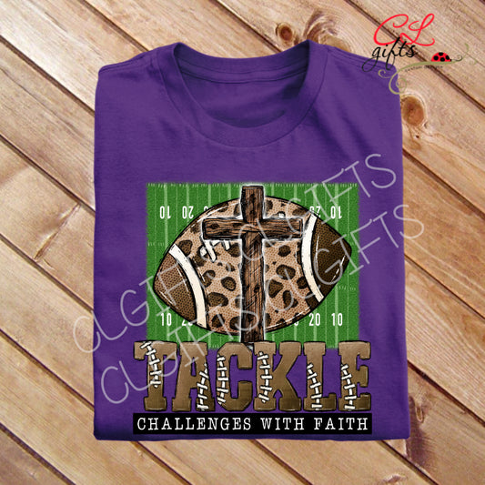 TACKLE CHALLENGES  WITH FAITH FOOTBALL CHRISTIAN PURPLE TSHIRT